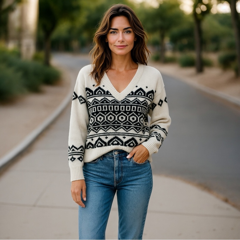 NWT RD Style x Stitch Fix Jaquard V-Neck Sweater Warm‎ Winter Cozy Cabin Core